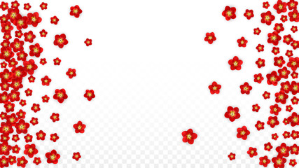 Vector Realistic Red Flowers Falling on Transparent Background.  Spring Romantic Flowers Illustration. Flying Asian Rose Spa Design. Blossom Confetti. Design Elements for Wedding Decoration.