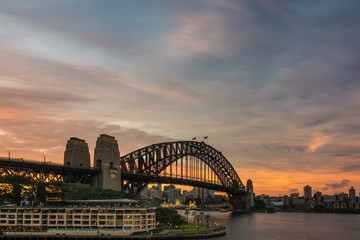Sydney cityscape at sunset with Sydney Harbour Bridge