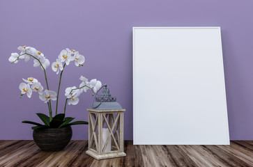 Blank canvas, dark pot with a white flower. The concept of an art workshop. 3D render.