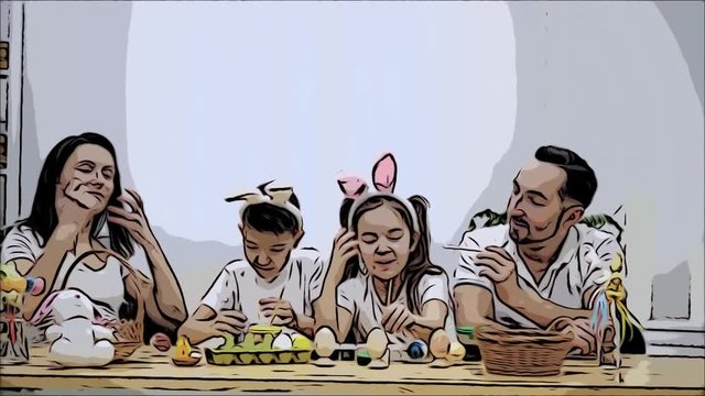 Parents with their cheerful and cute kids, who are really similar to them, are colourizing Easter eggs, sitting at the wooden table, full of Easter decorations. Father is playing with his daughter and