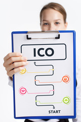 Business, technology, internet and networking concept. Young entrepreneur showing keyword: ICO