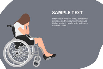 Fototapeta premium Cartoon people character design banner template sad young disabled woman sitting in a wheel chair with both hands covering her face