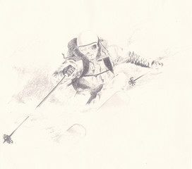 Skiing in deep powder pencil drawing