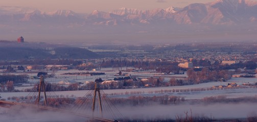 Obihiro city and Hidaka mountains in dawn light