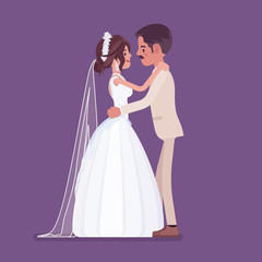 Bride and groom in gentle hug on wedding ceremony. Latin American man, woman in beautiful dress on traditional celebration, married couple in love. Marriage customs and traditions. Vector illustration