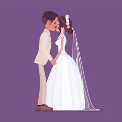 Bride and groom kissing on wedding ceremony. Latin American man, woman in beautiful white dress on traditional celebration, married couple in love. Marriage customs and traditions. Vector illustration