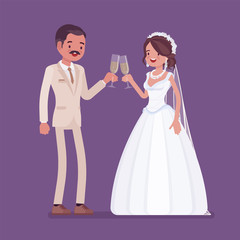 Bride and groom enjoy drinks on wedding ceremony. Latin American man, woman in beautiful dress on traditional celebration, married couple in love. Marriage customs and traditions. Vector illustration