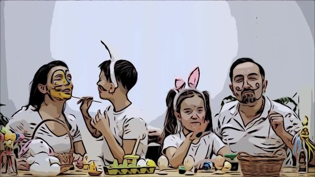 Parents with their brisk and little kids, are colourizing each other, sitting at the wooden table, full of Easter decorations. Animated video. Scatch.