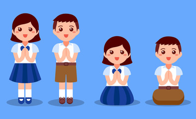 Thai student boy and girls pay respect.