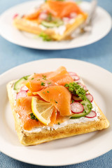 waffle with cheese, salmon and vegetable