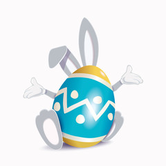 Naklejka premium Cute gray Easter Bunny behind colored ornamented egg isolated on a white background,vector illustration for holiday greeting