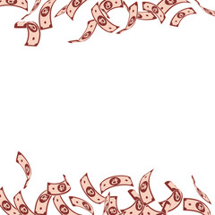 Russian ruble notes falling. Floating RUB bills on