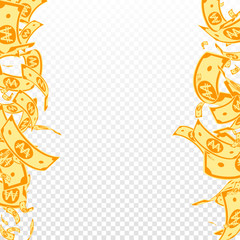 Korean won notes falling. Messy WON bills on trans