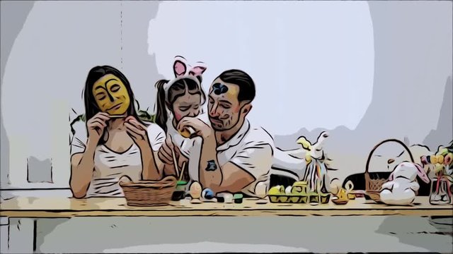 Cute couple is colorizing Easter eggs. Their daughter says stands on the sofa, behind parents and scare them. Childish couple came back to childhood. Laught in the room. Animated video. Scatch.
