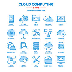 Cloud computing. Internet technology. Online services. Data, information security. Connection. Thin line blue web icon set. Outline icons collection.Vector illustration.