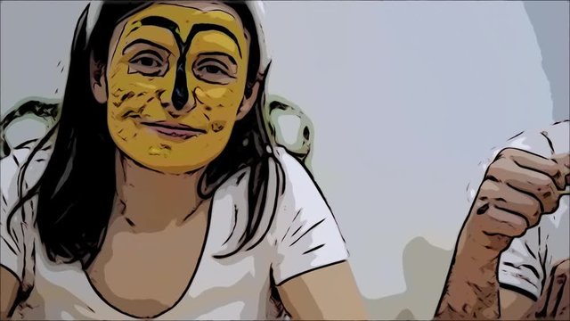 Cute and adorable couple came back to childhood. The woman is holding four dirty paint-brushes in her. Couple wearing bunny ears. Slow motion video. Close up. Animated video. Scatch.