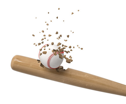 3d rendering of baseball bat and ball shattering into small pieces isolated on white background