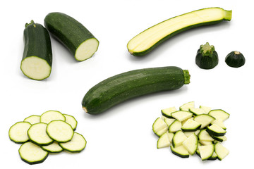 zucchini - set of fresh whole and sliced zucchinis - isolated on white