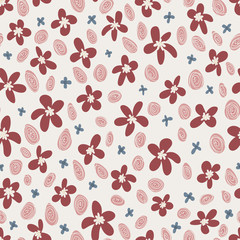 Pink and blue flowers on white background floral seamless vector pattern