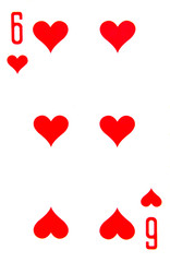 Card playing six of hearts, suit of hearts.