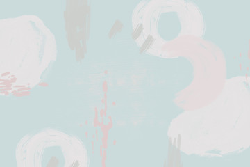 Abstract pastel blue background with pink and while brush strokes and paint splashes. Modern hand drawn textures. Trendy abstract design for paper, cover, fabric, interior decor and other users.