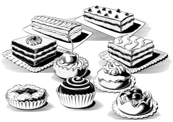 A variety of pastries and pies with cream and fruit, on a background, in black and white vector.