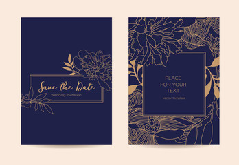 Golden peonies and leaves on a dark blue background. Wedding invitation card template. Can be used as a greeting card and as a certificate for a spa salon, restaurant and shop