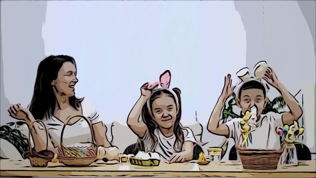 Mother is with her kids: daughter and son, who are wearing bunny ears and touching them, laughing sincerely, sitting at the holiday table with a basket, white and yellow rabbits. Animated video