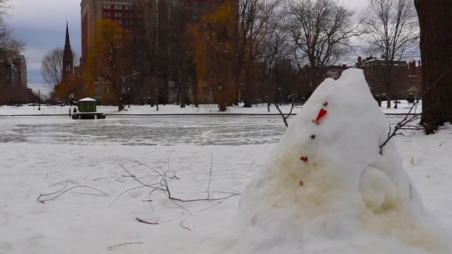 Melting snowman sitting in the Boston Common