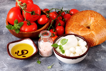 Healthy breakfast with bread , mozzarella and cherry tomatoes 
