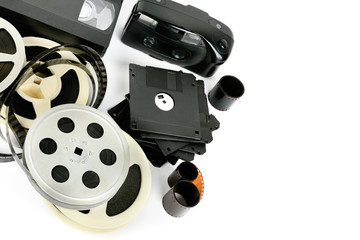 Old photo and video equipment isolated on white background. Free space for text.