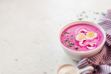 Beetroot soup. Spring detox beetroot soup. Concept of healthy eating or vegetarian food. Eye bird view. Copy space.