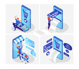 Isometric flat online shopping.  Shopping and payment wia smartphone. Mobile marketing and e-commerce. Vector illustration on a white background