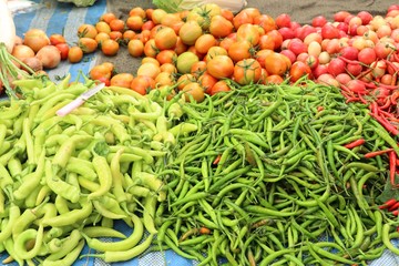 Sell chilli with vegetable at market