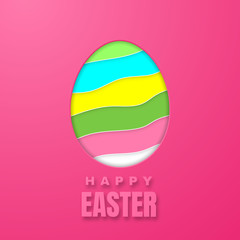 Happy Easter Greeting Card with Easter Bunny. Color Paper Easter Egg on Pink Background. Vector illustration