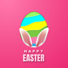 Happy Easter Greeting Card with Easter Bunny. Color Paper Easter Egg on Pink Background. Vector illustration