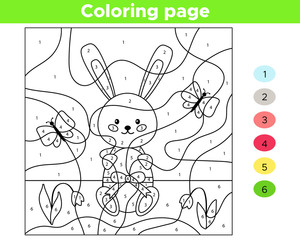 Educational number coloring page for kids. Vector kawaii rabbit with Easter egg. Spring flowers - snowdrops. Cartoon butterflies.