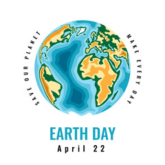 Happy World Earth Day. April 22. 3d paper cut style design. Vector illustration