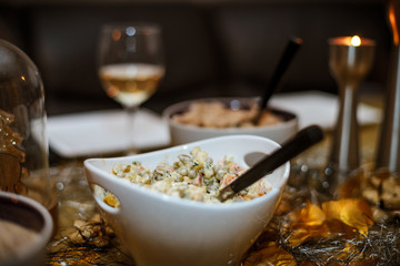 Tasty georgian food with wine on the table
