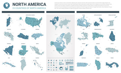 Vector maps set.  High detailed 23 maps of North American countries with administrative division and cities. Political map, map of America continent, world map, globe, infographic elements.