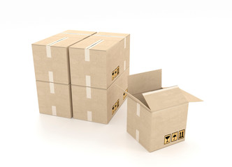 Illustration of 3d corrugated cardboard box on white background.