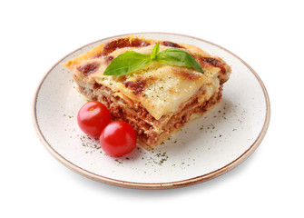 Plate with tasty baked lasagna on white background
