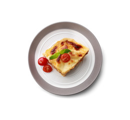Plate with tasty baked lasagna on white background