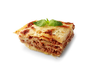 Tasty baked lasagna on white background