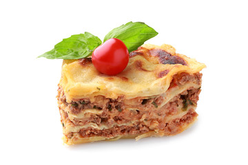 Tasty baked lasagna on white background