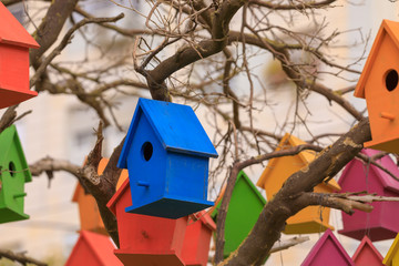 Blue decorative birdhouse on a dry tree