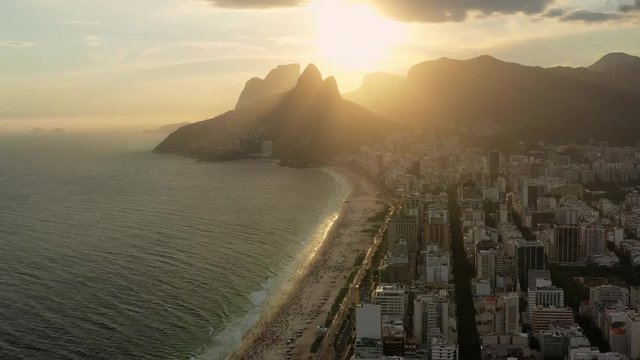 Aerial view of sunset on Ipanema Beach (Playa) and Leblon Beach in city of Rio de Janeiro - landscape panorama of Brazil from above, South America