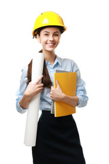 Female architect on white background