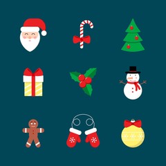 Set of winter flat icons for celebration of New year, Christmas, season holiday. Santa Claus, Christmas tree, mittens, candy cane, gift, snowman, Christmas star plant, ball, gingerbread. Vector.