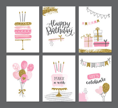 Happy birthday greeting card and party invitation templates with gold glitter. Women birthday vector illustration, hand drawn style.